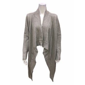 H by Halston Cascade Front Long Cardigan w/ Texture Stitching Grey Large Size